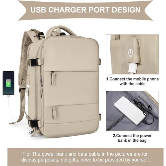 Unisex Large Travel Backpack Waterproof Rucksack Casual Daypack, Khaki - Picture 4 of 6